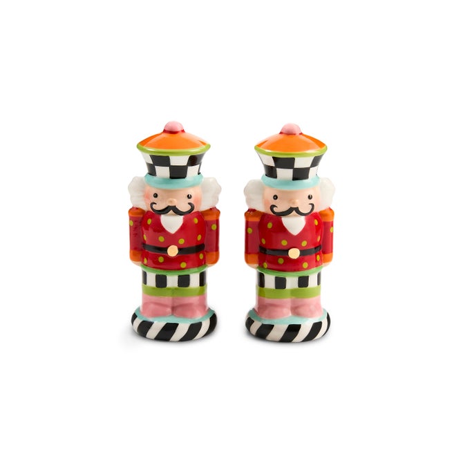 The Kitchen Table ceramic Confetti Nutcracker salt and pepper shakers featuring colorful stripes, checks, and dots.