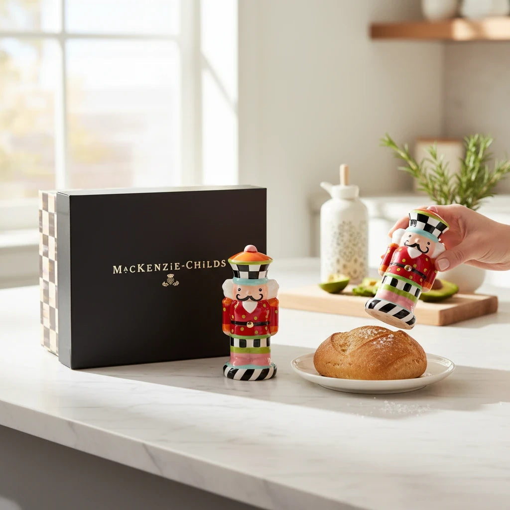 The Kitchen Table ceramic nutcracker salt and pepper shakers with colorful checks, stripes, and polka dot patterns.