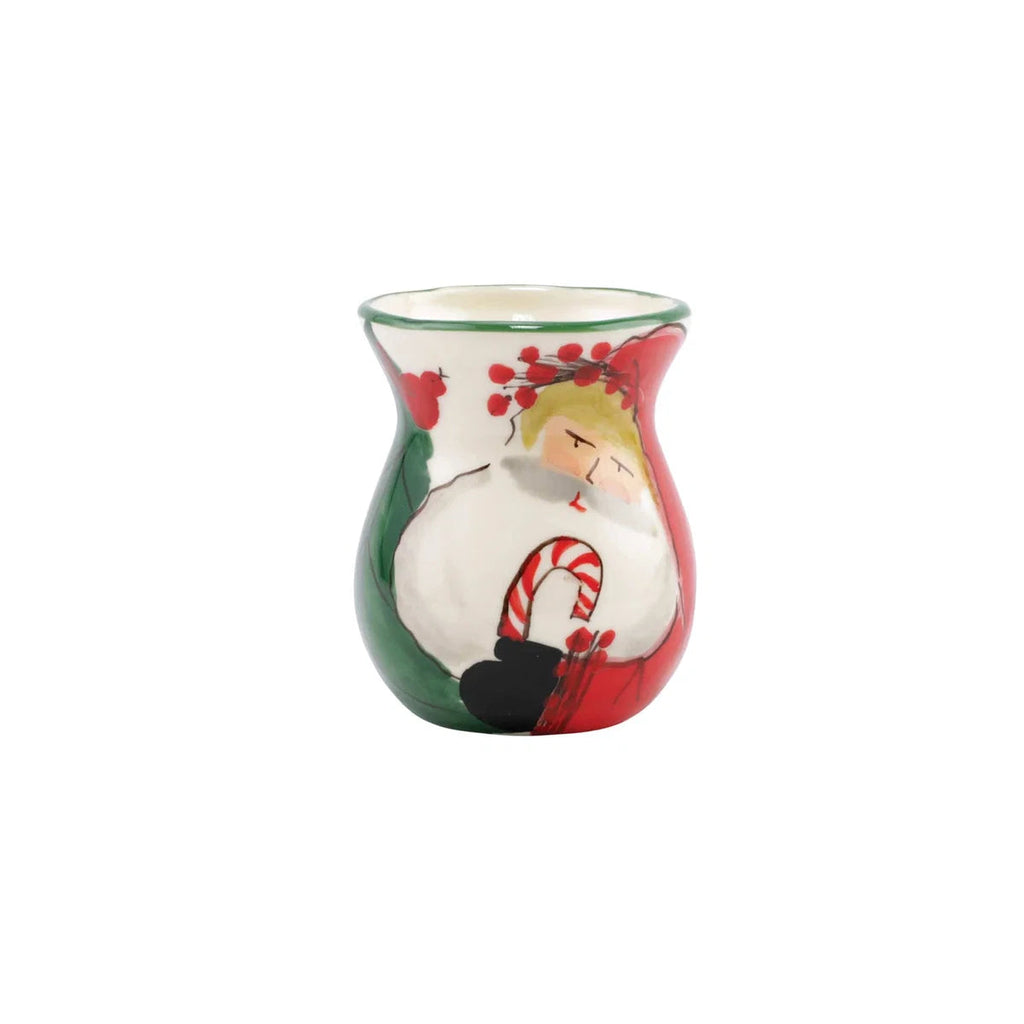 The Kitchen Table Old St. Nick ceramic bud vase featuring a hand-painted Santa Claus design with red and green accents.
