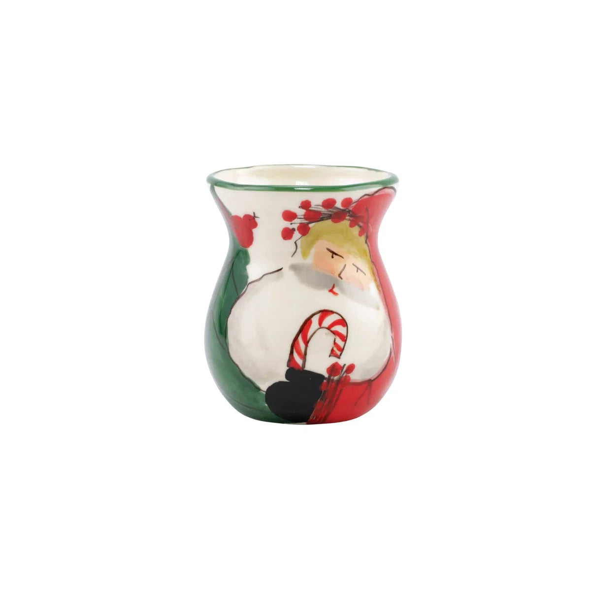 The Kitchen Table Old St. Nick ceramic bud vase featuring a hand-painted Santa Claus design with red and green accents.