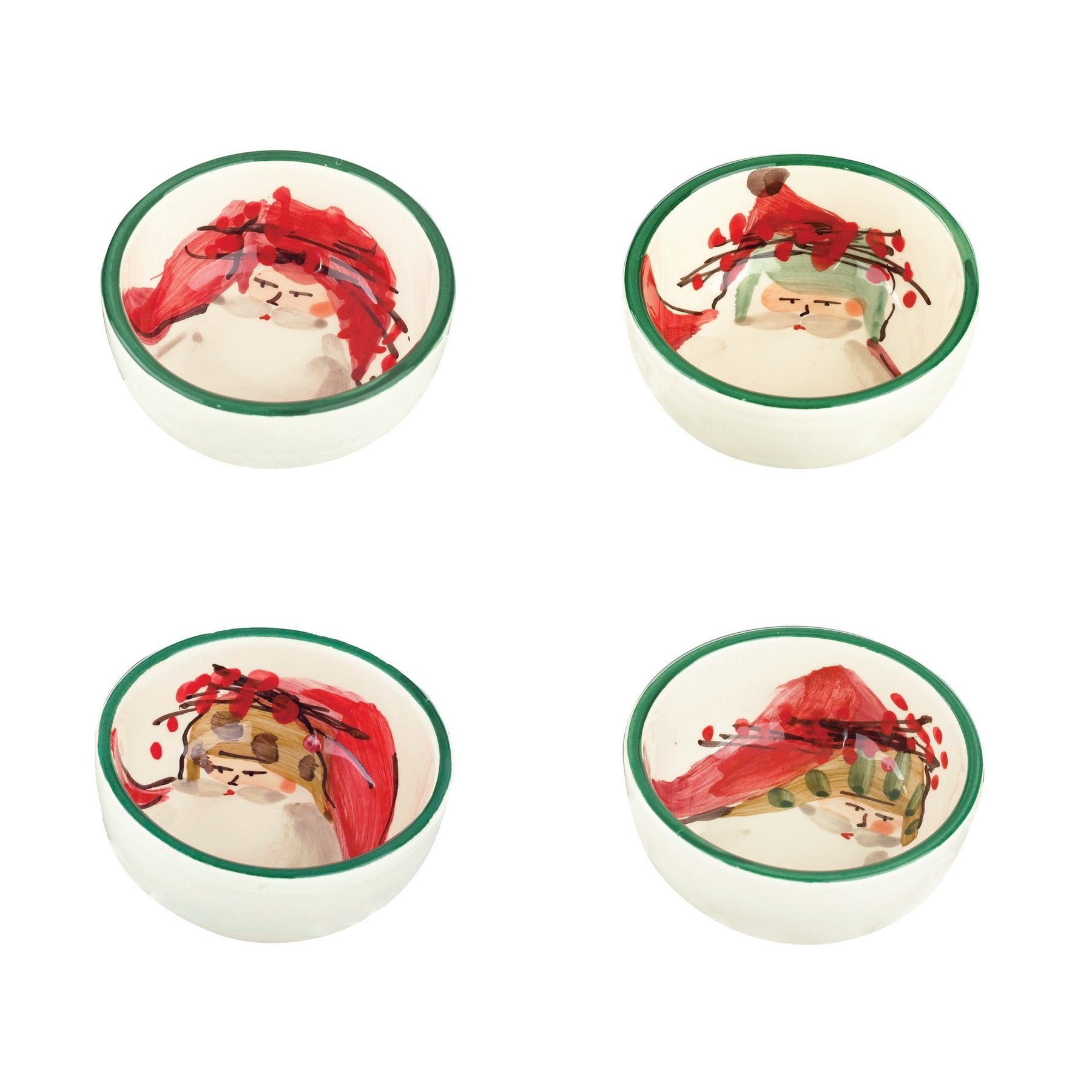 The Kitchen Table Old St. Nick set of 4 ceramic condiment bowls featuring whimsical hand-painted Santa Claus designs.