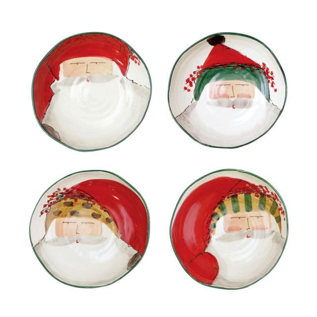 The Kitchen Table Old St. Nick assorted ceramic pasta bowls featuring hand-painted Babbo Natale Santa Claus designs.