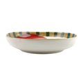 The Kitchen Table Old St. Nick round shallow bowl featuring a festive train design and green striped rim.