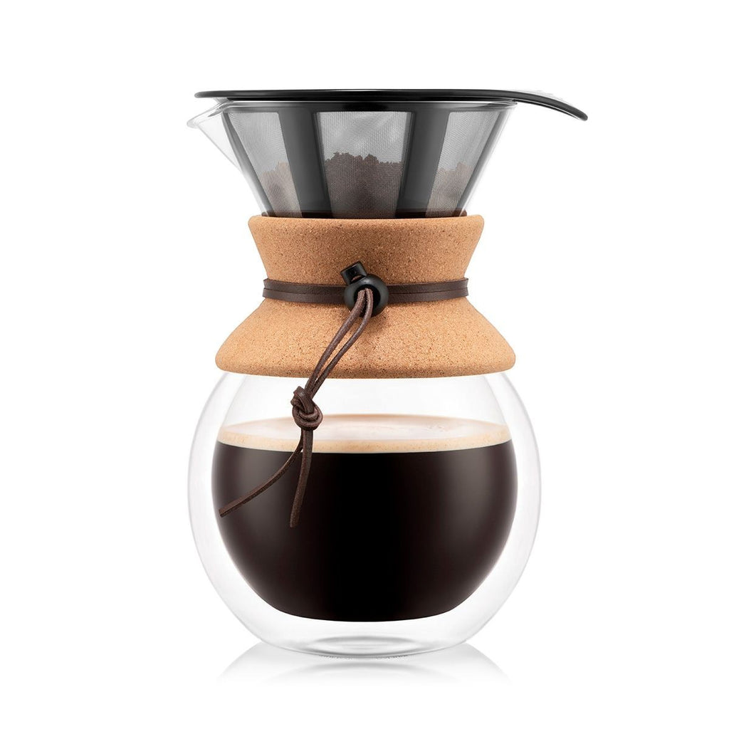 The Kitchen Table 8 cup pour over coffee maker with double wall borosilicate glass, cork band, and stainless filter.