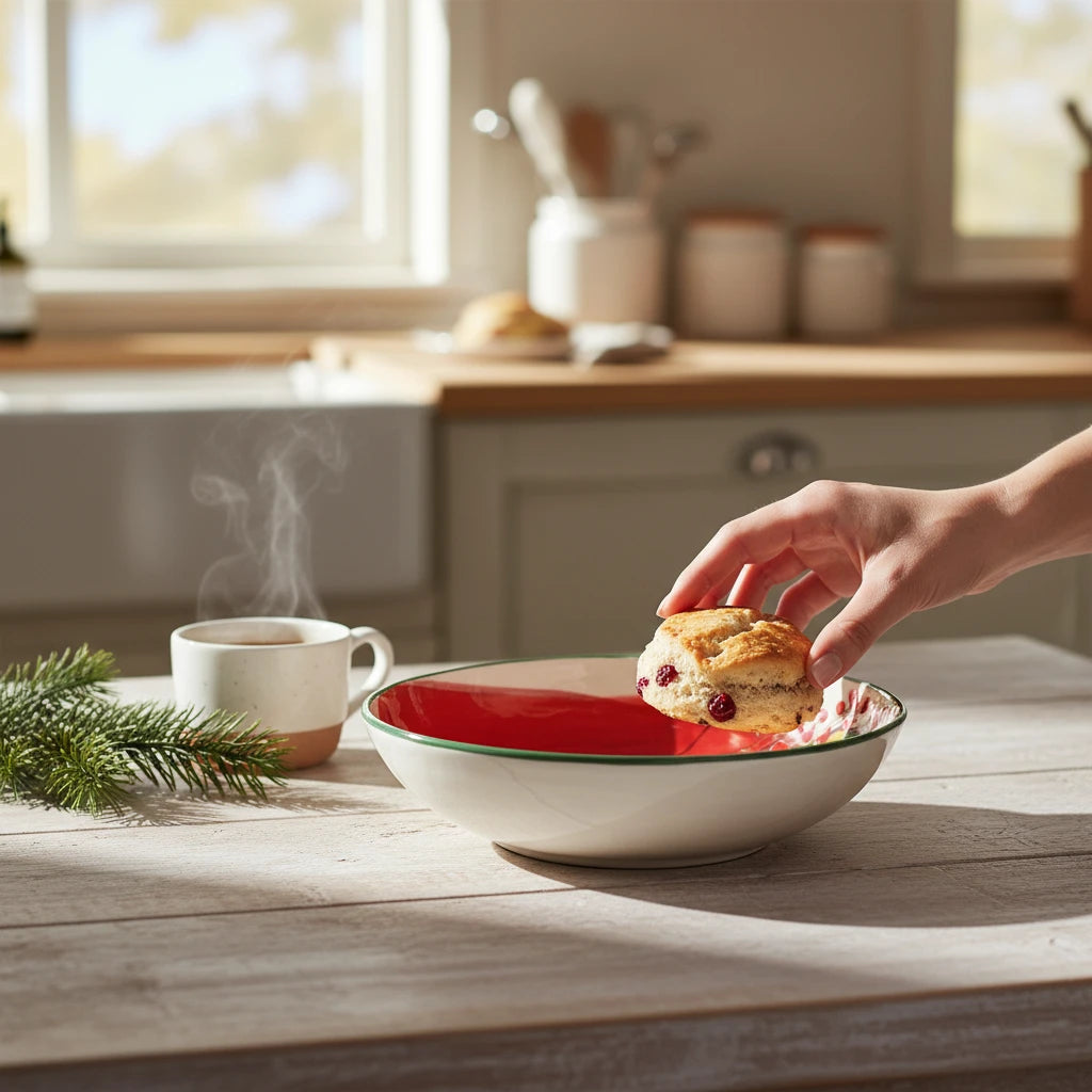 Vietri Old St. Nick ceramic pasta bowl with a red interior and green rim on a rustic wooden kitchen table.