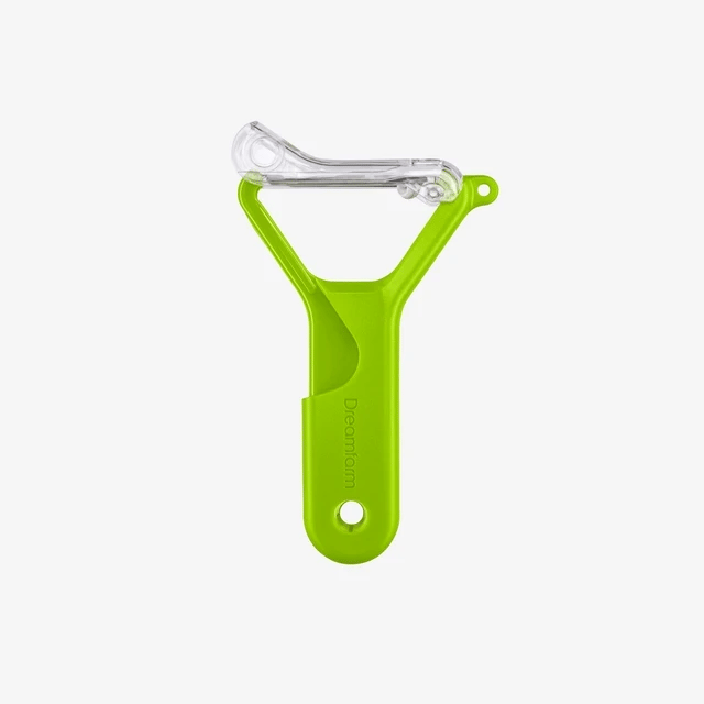The Kitchen Table Sharple Y-Peeler in bright green with a protective self-sharpening blade cover for kitchen use.