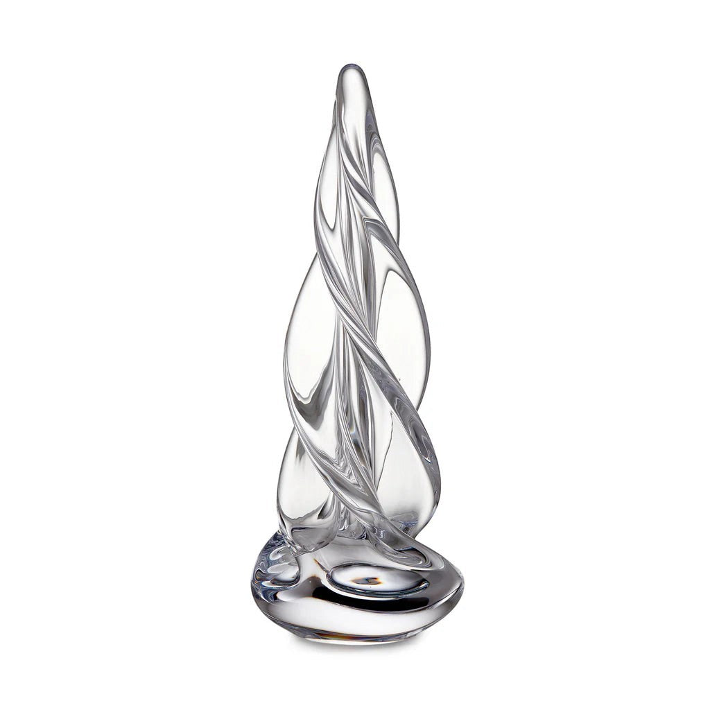 The Kitchen Table hand-formed clear glass four-sided evergreen tree sculpture with a dynamic spiral flame design.