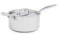 The Kitchen Table 4 quart stainless steel saucepan with a polished finish, riveted handle, and a tight-fitting lid.