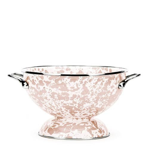 The Kitchen Table 1 quart colander in taupe swirl enamelware with a pedestal base and two side handles.
