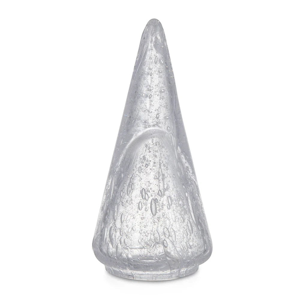 The Kitchen Table Vela Conical Evergreen glass tree ornament with internal bubble details in a clear conical shape.