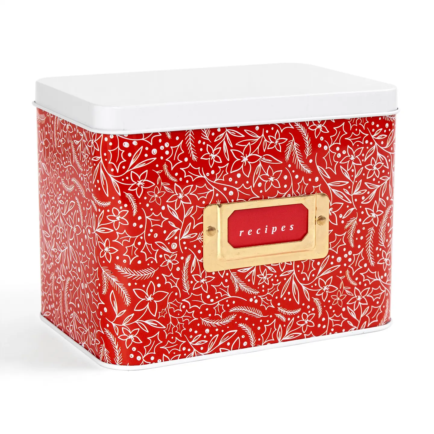 Red Holiday Floral Tin Recipe Box